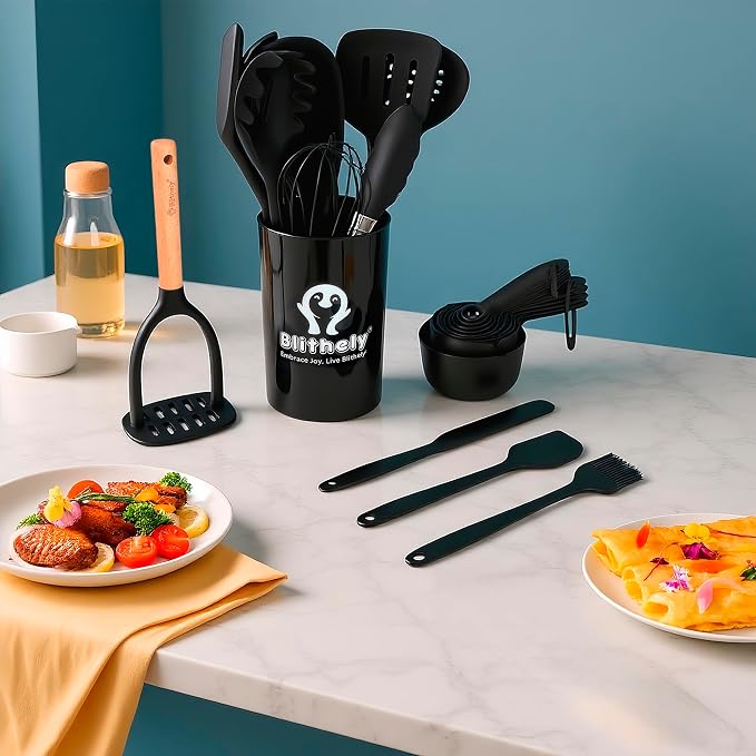 Large Silicone Kitchen Utensils Set with Holder, 25Pcs Cooking Utensil Set with Wooden Handle, Heat Resistant Spatula Sets for Cooking, BPA Free Silicone Utensils Set for Non-Stick Cookware(Black) - Image 3