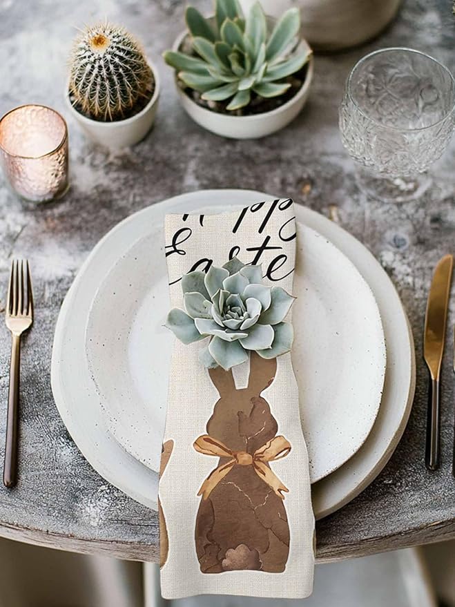 Kitchen Dinner Napkins Set of 4, Happy Easter Cloth Napkins Reusable Washable Table Napkins for Weddings Cocktail Parties Holiday Table Decor 20x20 Inch Brown Bunny Vintage Burlap Backdrop - Image 4