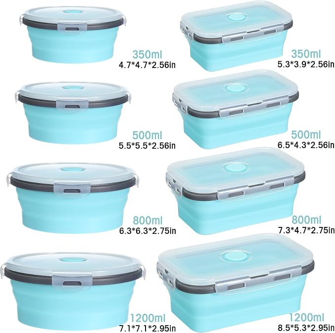 Yaomiao 16 Pack Collapsible Food Storage Containers with Lid Air Vent Foldable 8 Rectangle Storage Bowl and 8 Round Silicone Food Bow for Lunch Camping Rv Accessories Microwave Freezer(Gray, Blue) - Image 2
