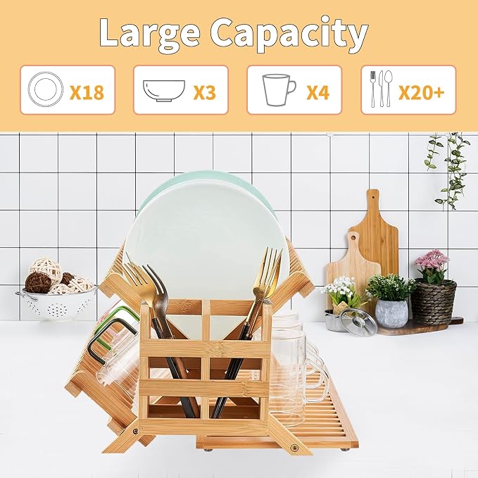 YZHDUXIU Bamboo Dish Drying Rack with Utensil Holder, 3 Tier Collapsible Dish Rack, Large Dish Racks for Kitchen Counter, Wooden Folding Dish Drainer with Dish Drying Mat (3 Tier (with Drying Mat)) - Image 3