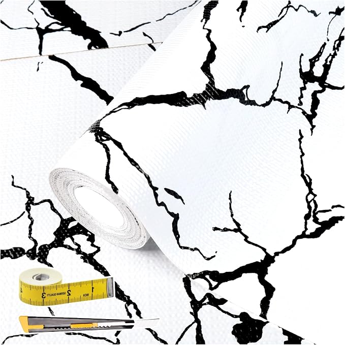 2-Layer Drawer and Shelf Liner for Kitchen Cabinet: 17 in X 20 Ft Non Slip | Waterproof Shelf Paper Non Adhesive Refrigerator Liners White/Black Marble Easy Liners for Bathroom with Knife Tape Measure by Kimhan