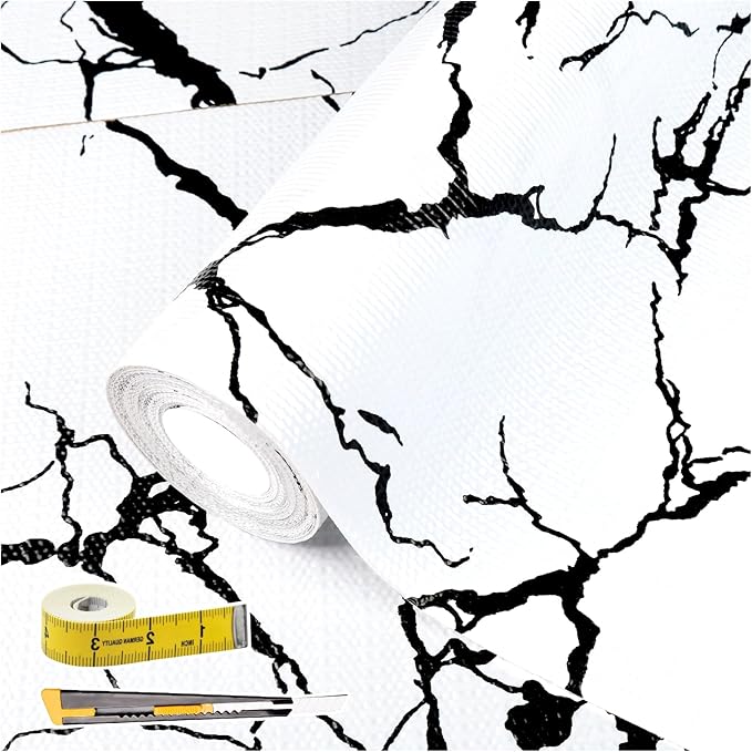2-Layer Drawer and Shelf Liner for Kitchen Cabinet: 12 in X 30 Ft Non Slip | Waterproof Shelf Paper Non Adhesive Refrigerator Liners White/Black Marble Easy Liners for Bathroom with Knife Tape Measure by Kimhan