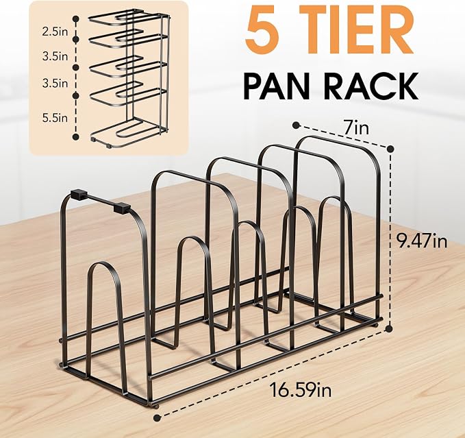5-Tier Pot and Pan Organizer 16.6", No Assembly Cookware Rack 1-Pack | One-piece Design, Multi-height Layered,Anti-Tip Structure, Dual Vertical & Horizontal Use, Fits Cast Iron Pans & Dutch Ovens - Image 4