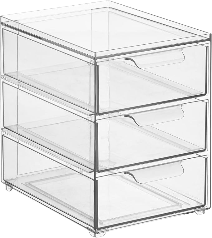 mDesign Plastic Stackable 3-Drawer Kitchen Storage Organizer - Bin with Divided Pull-Out Drawers for Pantry, Shelf, Fridge/Refrigerator, and Freezer Organization - Lumiere Collection - Clear - Image 8