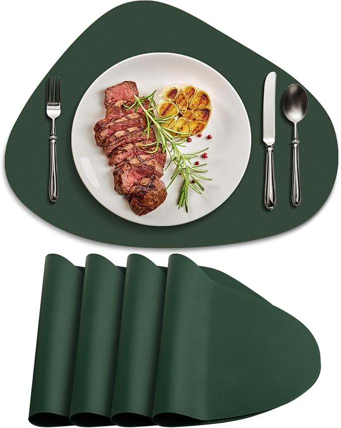 Faux Leather Placemats Set of 4, Wipeable & Washable Table Mats | Waterproof, Heat-Resistant & Easy to Clean Round Place Mats for Dining & Kitchen, 17''x13'', Green by Delicateandelegantplacemats