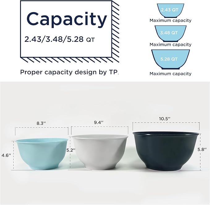 TP Melamine Mixing Bowl Set with Lids, Salad Bowl Set of 3, Blue&White | Nesting Design,Break-resistant,Pasta & Salad Prep, Baking Prep, Space-saving Storage, Freezer Safe, Dishwasher Safe - Image 6