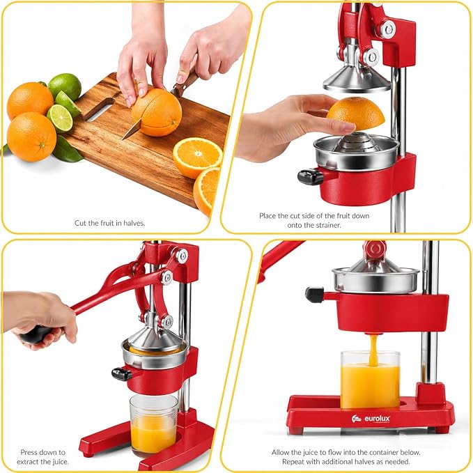 Eurolux Ultra-Premium Cast Iron Juicer | Extra-Large, Heavy Duty, Commercial Grade, Stainless Steel Manual Hand Press Citrus Squeezer For Fresh Orange Juice, Pomegranate, Lemon, and Much More (Red) - Image 8