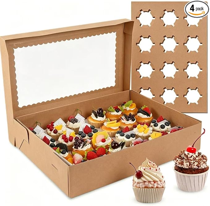 24 Count Corrugated Cupcake Boxes, 4 Pack White Cupcake Containers with Windows, Disposable Cupcake Carriers for Muffins, Treats, Pastries, 19 x 14 x 3.9 Inches (Brown, 24Count /4Pcs) by CHENZEM