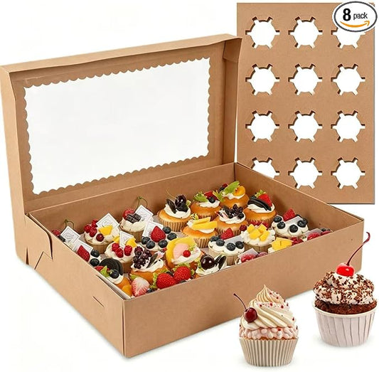24 Count Corrugated Cupcake Boxes, 8 Pack White Cupcake Containers with Windows, Disposable Cupcake Carriers for Muffins, Treats, Pastries, 19 x 14 x 3.9 Inches (Brown, 24Count /8Pcs) by CHENZEM