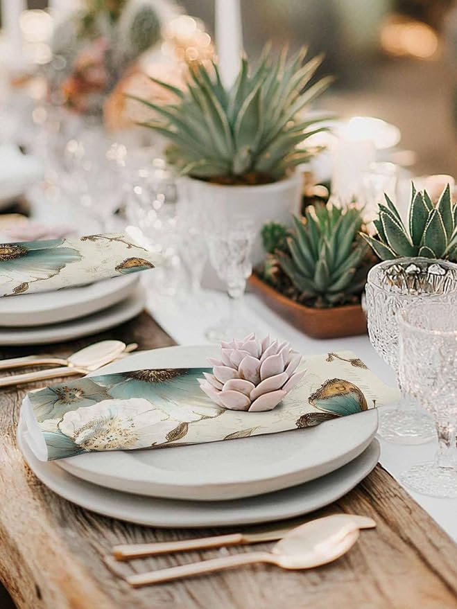 Turquoise Flowers Cloth Napkins Washable Set of 6, 20 x 20 Inch Reusable Rustic Spring Botanical Floral Butterfly Dinner Table Napkins Cloth Bulk for Weddings Kitchen Restaurants Hotel Events Parties - Image 6