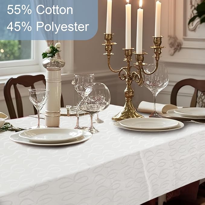 White Fabric Table Cloth Rectangle, 1PC Washable Tablecloth 60"x84" (Seats 6-8) - Cotton Polyester - Wedding Table Cloths for Reception, Reusable Table Cover for Birthday Party, Luxury Bows Jacquard - Image 4