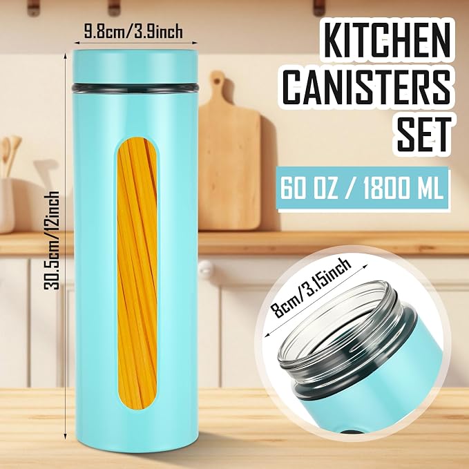 Patelai 6 Pack Kitchen Canisters Set Airtight Stainless Steel Canister Food Storage Container with Window Glass, Coffee Sugar Candy Jars Tea Organizer for Flour Cookies Spice(Turquoise,60 oz) - Image 2