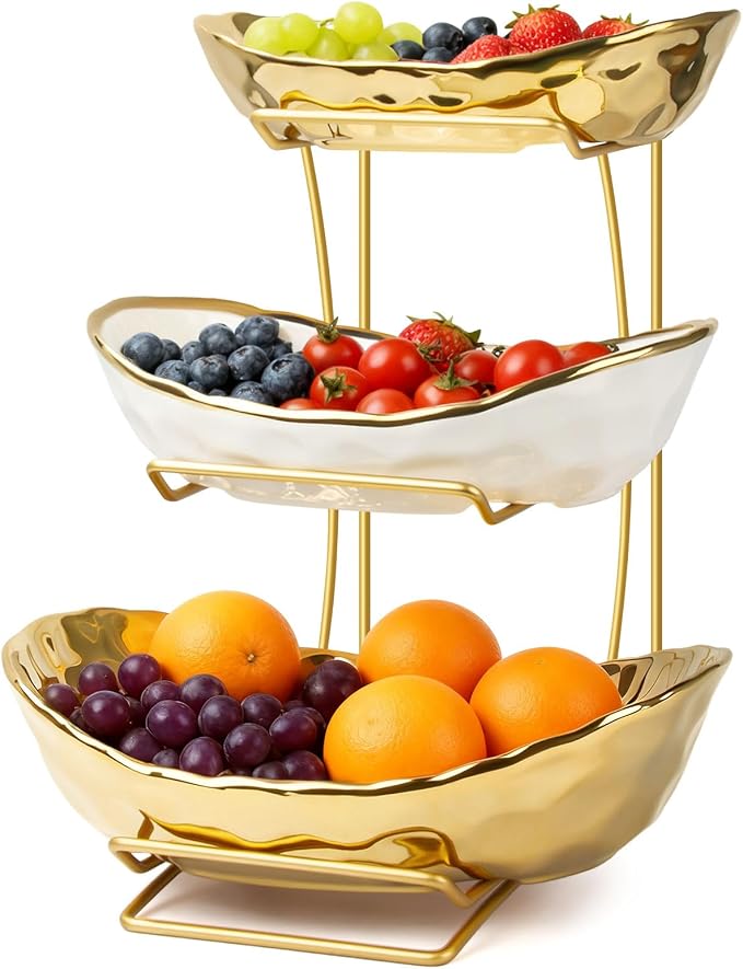 Fruit Bowl for Kitchen Counter with Metal Stand, 3 Tier Fruit Basket for Counter, White Gold Ceramic Fruit Bowl, Detachable Rack for Fruit Vegetable Snack Dessert Storage (Gold) by YUNLINLI