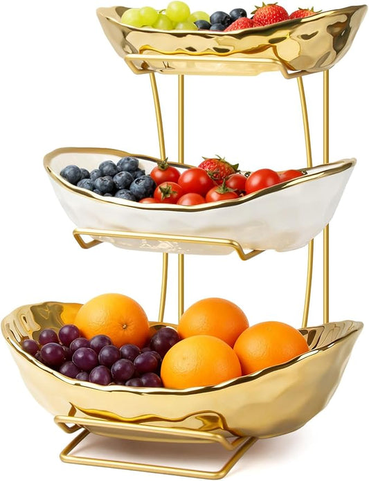Fruit Bowl for Kitchen Counter with Metal Stand, 3 Tier Fruit Basket for Counter, White Gold Ceramic Fruit Bowl, Detachable Rack for Fruit Vegetable Snack Dessert Storage (Gold) by YUNLINLI
