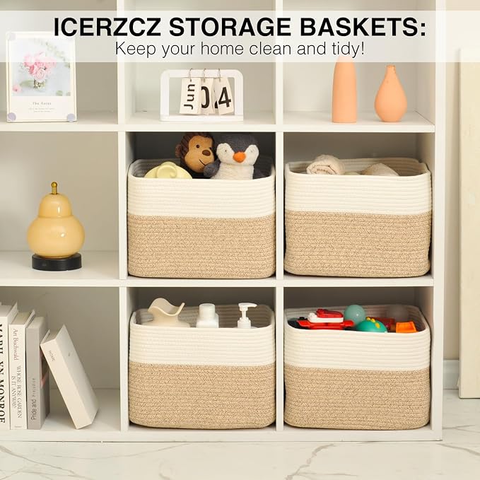 ICERZCZ Storage Baskets for Organizing & Shelves, Woven Cotton Rope Organization Bins for Dog Toys, Clothes, Books, Nursery Organizer, 15"Lx11''Wx9.5''H, (4 Packs) Off White & Brown - Image 6