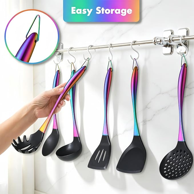 Silicone Cooking Utensils Set, 17pcs Kitchen Utensil Set with Rotatable Holder, Heat-Resistant Silicone Utensils for Cooking, Non-Stick Spatula Set with Stainless Steel Handle,Turner,Ladle (Rainbow) - Image 5