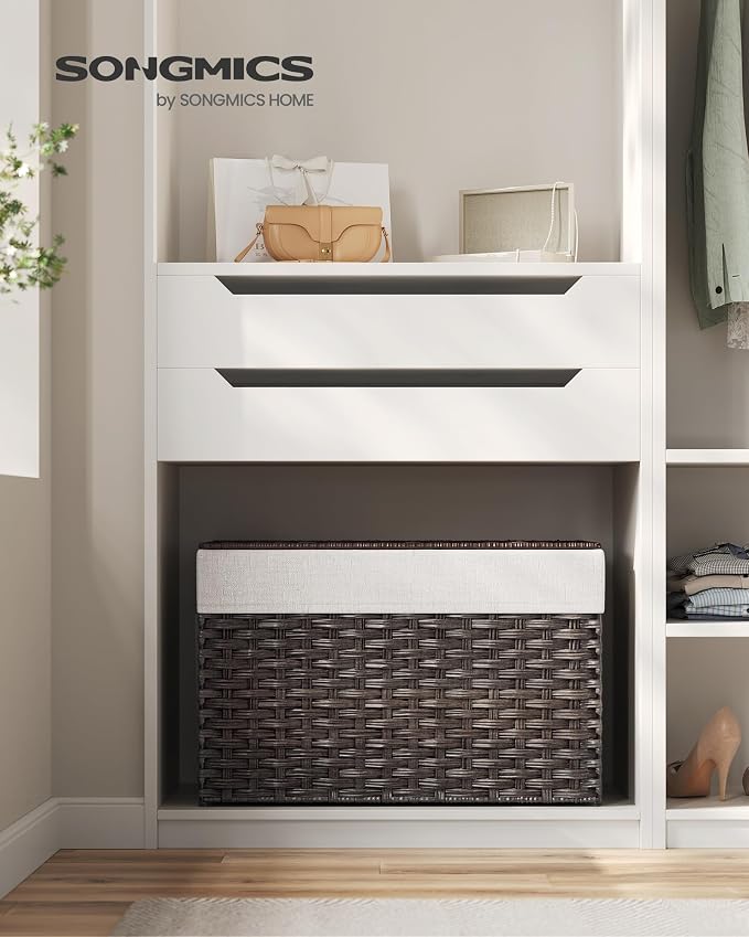 SONGMICS Storage Basket with Lid, Woven Blanket Storage Bin with Handles, Foldable, Removable Liner, Metal Frame, for Bedroom, Laundry Room, 27.7 Gallons (105 L), Brown URST066K01 - Image 2
