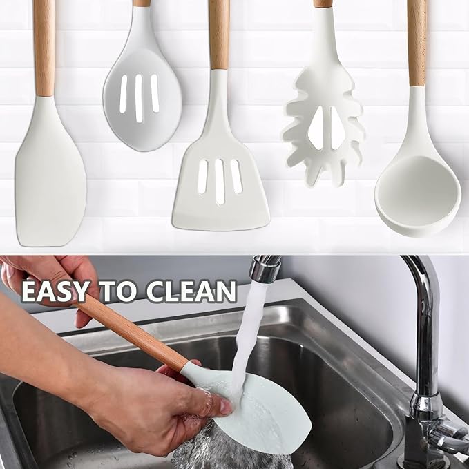 Kitchen Cooking Utensils Set 6Pcs Non-Stick Silicone Kitchen Utensils Spatula Spoon Turner Ladle Pasta Server, Heat Resistant Wooden Handle Silicone Cooking Gadgets Sets for Cookware & Baking - Image 7