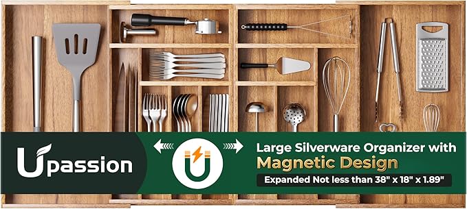Large Silverware Organizer, 13 Slots Magnetic Connected Expandable Acacia Wood Utensil Drawer Organizer From 21 to 37.4 Inches, Adjustable Flatware and Cutlery Holder, Utensil Tray for Kitchen Natural by Upassion