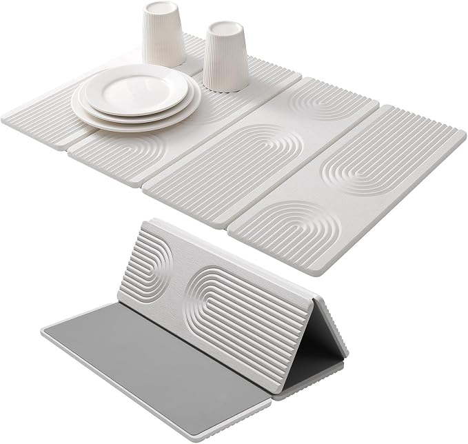 Stone Drying Mat for Kitchen Counter,Foldable(White (4-fold), 24" × 16") | Large Quick-Dry Diatomaceous Earth Dish Drying Mat with PU Non-Slip Base,for Bottles Cups Dishes by MORANDI