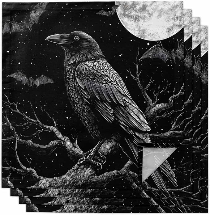 Kitchen Cloth Napkins 4 Pack Halloween Crow Bat Moon Dinner Napkins Soft Table Napkin for Family Dinners Cocktail Parties Wedding, Washable & Reusable, 20" x 20" by EwdeWwo