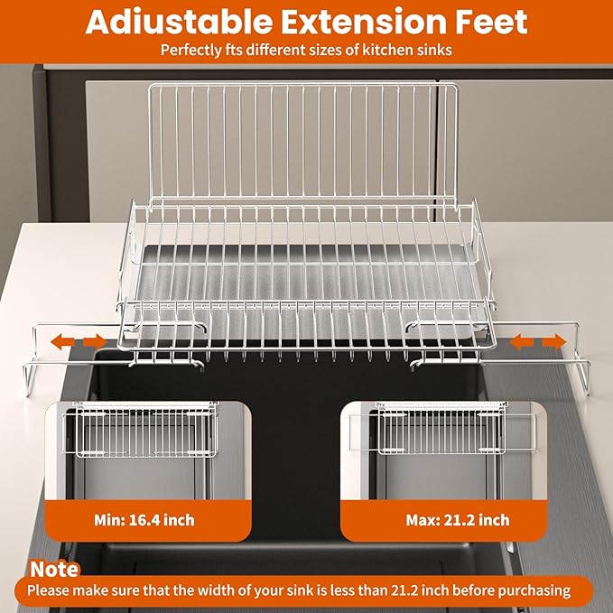 Dish Drying Rack Stainless Steel Expandable Large | Dish Drainer for Kitchen Counter with Stainless Drain Board Rustproof Collapsible Space Saving - Image 4