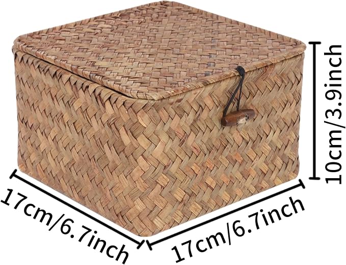Moosky Wicker Shelf Baskets with Lid, Handwoven Seagrass Storage Basket Bins Square Gift Boxes for Shelves Home Decor Organizer (Coffee, X-Small) - Image 6