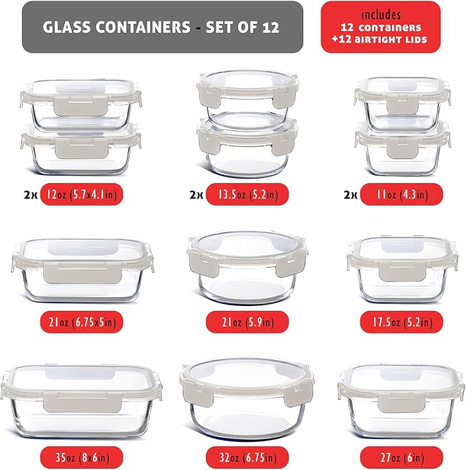 EATEX 24pc Glass Storage Containers with Lids, 12 Glass Food Storage Containers with 12 Airtight Lids for Pantry & Kitchen, Meal Prep Containers for Lunch, Oven Freezer Microwave & Dishwasher Safe - Image 3