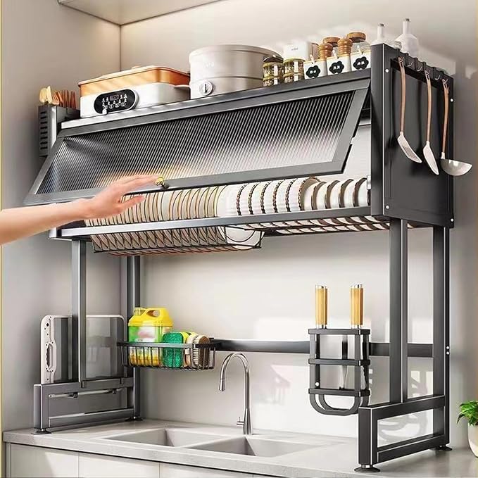 Over The Sink Dish Drying Rack, Over Sink Dish Drain Drying Rack for Kitchen Storage of Dishes and Cutlery, Space Saving Dish Rack with Cover, (Black, 33.5 inch) - Image 3