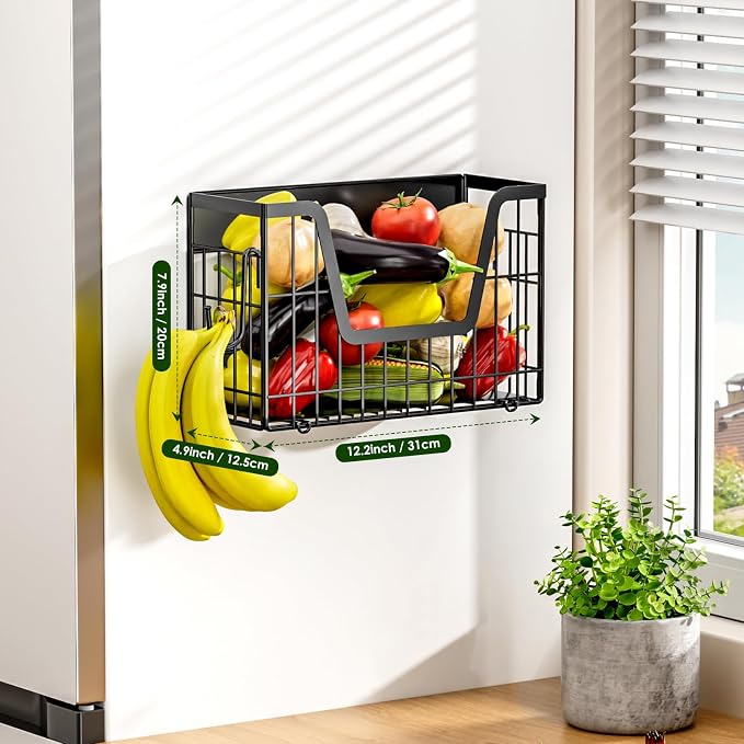 Magnetic Shelf for Fridge, Fruit Basket Magnet Shelves with 2 Hooks | Potato and Onion Storage Bins, Black Magnetic Organizer Side of Fridge Storage, Magnetic Spice Rack for Refrigerator Kitchen - Image 3