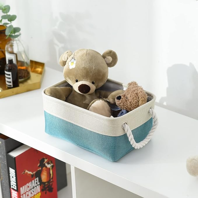 Fabric Storage Bin with Handles,Storage Basket for Home Storage and Organization, Shelf Basket with Cover for Living Room Bedroom Decor Closet（White & Green,Small ,11.8L×7.9W×5.2H - Image 2
