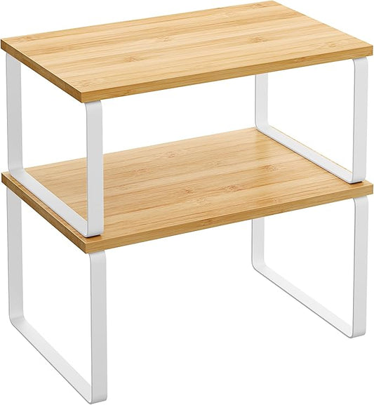 SONGMICS Cabinet Organizer Shelf, Set of 2 Kitchen Counter Shelves, Kitchen Storage, Spice Rack, Stackable, Expandable, Metal and Engineered Wood, 11.7 Inches, Cloud White and Natural Beige UKCS02NW by Unknown