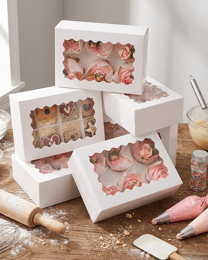 qiqee Auto-pop Up Cupcake Boxes with Window White 100PCS 6 Count Cupcake Box 9.4"x6.1"x3" Cupcakes Carrier, 6 Cupcake Containers - Image 7