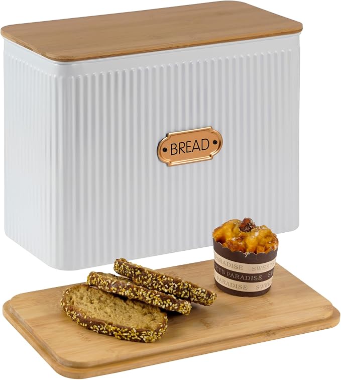 Extra Large Vertical Stripe Embossed Bread Box with Bamboo Lid | Corner Breadbox for Homemade Bread, White Metal Bread Storage Container Bin for Kitchen Countertop, Fits 2 Loaves of Bread by Unknown