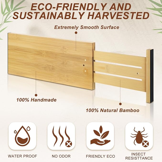 DoubleFill 4 Pcs 6 Inch High Drawer Dividers 15"-22" Adjustable Bamboo Drawer Dividers Deep Expandable Dresser Organizer with Spring Loaded for Bedroom Bathroom Kitchen Office(Wood Color) - Image 3