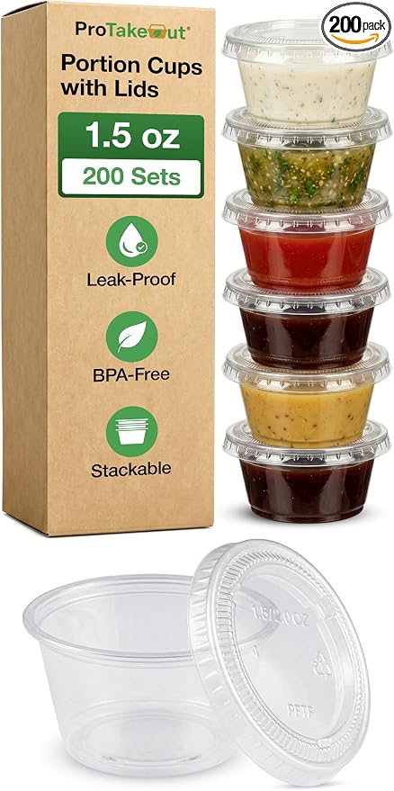 0.75-5.5 oz Plastic Portion Cups with Lids, 100-2000 Count, Dessert Cups with Lids, Jello Shot Cups with Lids, Small Plastic Cups for Salad Dressing & Condiments (200, 1.5, ounces) by ProTakeOut