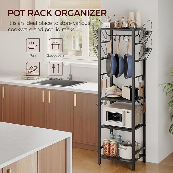 MAHANCRIS 4-Tier Pot Rack, Pots and Pans Organizer for Kitchen Corner, Kitchen Storage Rack with U-Shaped Lid Holders, Freestanding Cookware Stand, Black POBK3001 - Image 5