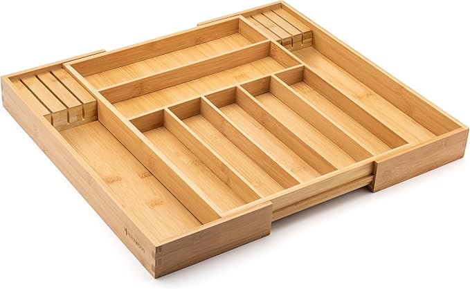 Purawood Bamboo Drawer Organizer with Knife Blocks - Silverware Organizer & Utensil Drawer Organizer, Cutlery Tray with Dividers, 7-9 Slots- Premium Kitchen Organizer for Utensils & Flatware (Natural) - Image 3
