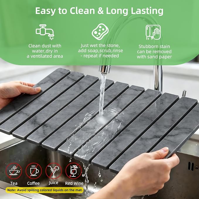 Large Stone Dish Drying Mat for Kitchen Counter, 24"×16" Foldable Quick Drying Mat, Absorbent Diatomaceous Earth Drying Mat for Bottles Cups Dishes, Match Any Countertop (Dark Gray Marble, 24" x 16") - Image 4
