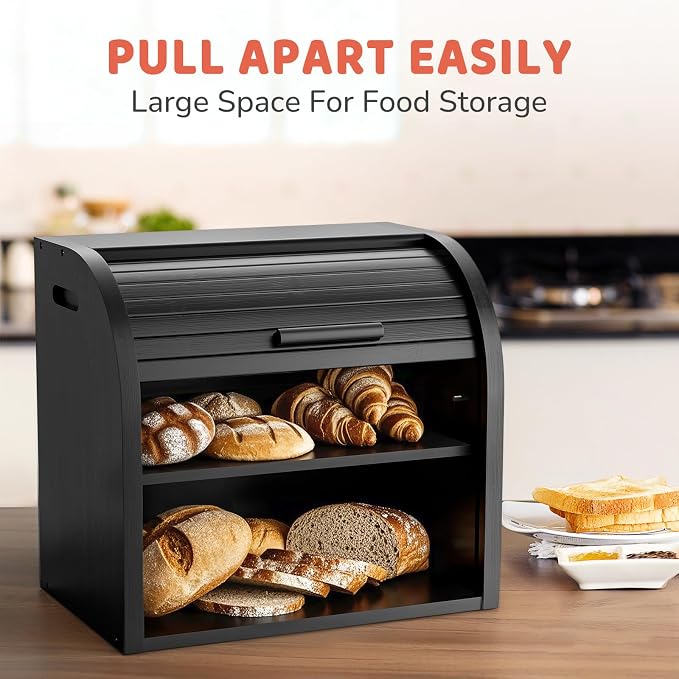 G.a HOMEFAVOR 2-Tier Bamboo Bread Box for Kitchen Counter, Black | Large Roll Top Bread Storage Container, Bread Holder Food Bin for Countertop, Self-Assembly - Image 4