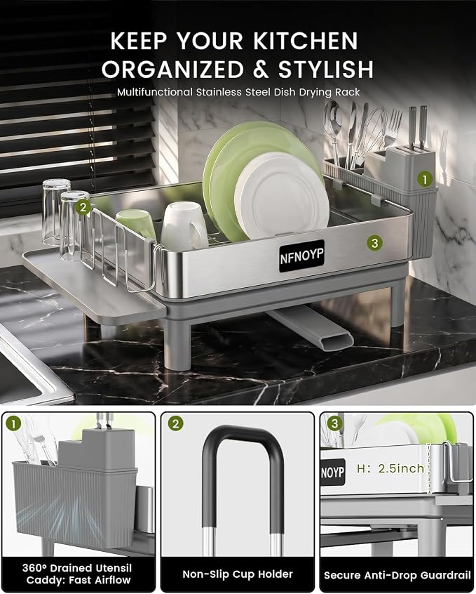 Dish Drying Rack, 304 Stainless Steel Dish Rack and Drainboard Set, Rustproof Dish Drainer with Anti-Pooling Automatic Drainage, Large Capacity Kitchen Counter Organizer, Grey - Image 5