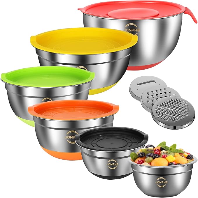 Stainless Steel Mixing Bowls with Airtight Lids, Nesting Bowls Set, 3 Grater Attachments & Non-Slip Silicone Bottoms, Size 5, 2.5, 2,1.5, 1, 0.7QT, Great for Mixing & Serving by JONPHE