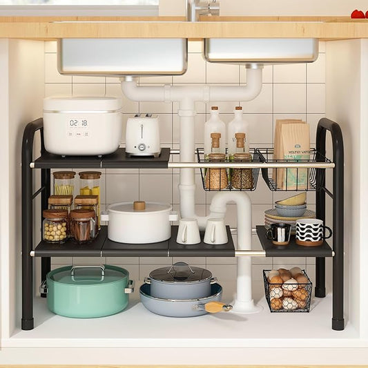 Expandable Under Sink Organizer, 2 Tier Under Sink Shelf | With 2 Removable Baskets and 6 Removable Panels, For Cabinet Sink Cloakroom Wardrobe Closet Storage, Black, 17.71”-32”Length by KOSIWU