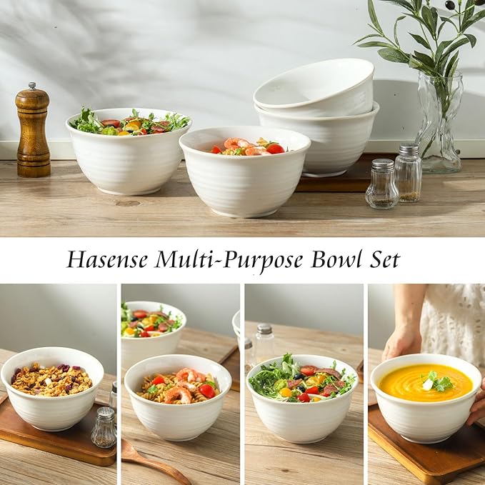 Hasense Soup Bowls, 40 Ounce Large Cereal Bowls for Kitchen, 7 Inch Ceramic Serving Dishes for Salad Pasta Oatmeal, Dishwasher and Microwave Safe, Clay-Infused White - Image 3