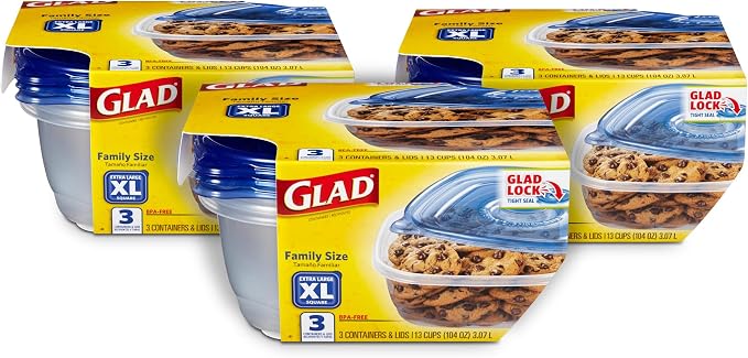 Glad GladWare XL Square Food Storage Containers with Lock Tight Lids, Family Size No BPA Plastic Containers for Leftovers and Meal Prep, Reusable Dishwasher Safe, 104 Oz, 3 Count - 3 Pack by GladTrashFoodStorage