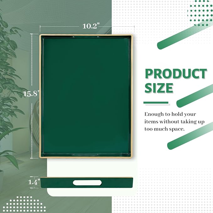 Dark Green Decorative Tray for Ottoman, Serving Tray with Handles | Plastic Coffee Table Tray, Modern Melamine Tray, Rectangle Countertop Organizer Tray for Living Room, 15.8"L x 10.2"W x 1.4"H - Image 2