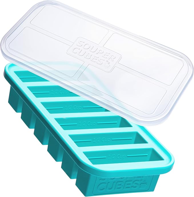 Souper Cubes 1/2 Cup Silicone Freezer Mold with Lid, Aqua, 1-Pack | 100% Platinum-Cured Silicone Freezer Cube, Oven & Microwave Safe, Perfect for Freezing Broth, Sauces, Sides and More by SouperCubes%C2%AE