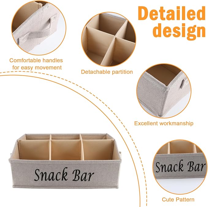 Snack Organizer for Countertop, Fabric Snack Organizer with Handles, 6 Compartment Snack Box Container Snack Basket, Snack Bar Station, Kitchen Pantry Organization and Storage - Khaki - Image 2