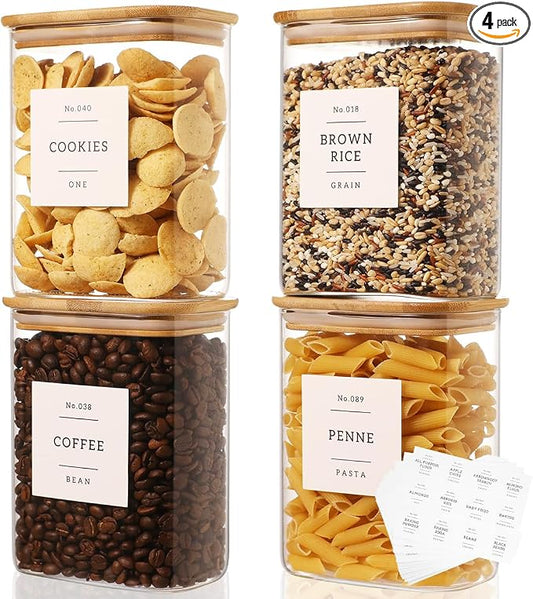 4 Pack Square Glass Pantry Storage Containers with 132 Kitchen Food Pantry Labels - 34 floz Clear Glass Pantry Jars with Airtight Wood Bamboo Lids - Glass Canisters for Tea, Cereal, Coffee, Spice by CZDYSM