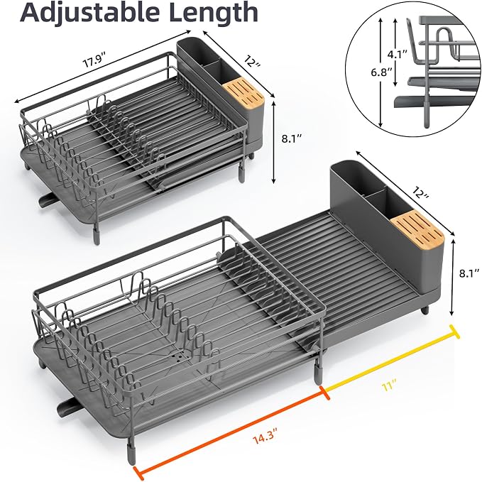 Urackify Extendable Dish Drying Rack, 18.5"-26.7" L x 12.7" W, Gray | Multifunctional large dish rack with cup holder and built-in cutlery holder for versatile drying needs - Image 8